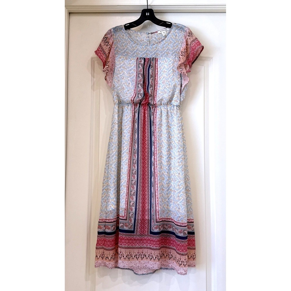 Monteau Los Angeles Women Floral Paisley Ruffle Sleeve‎ Midi Dress Blue Pink L